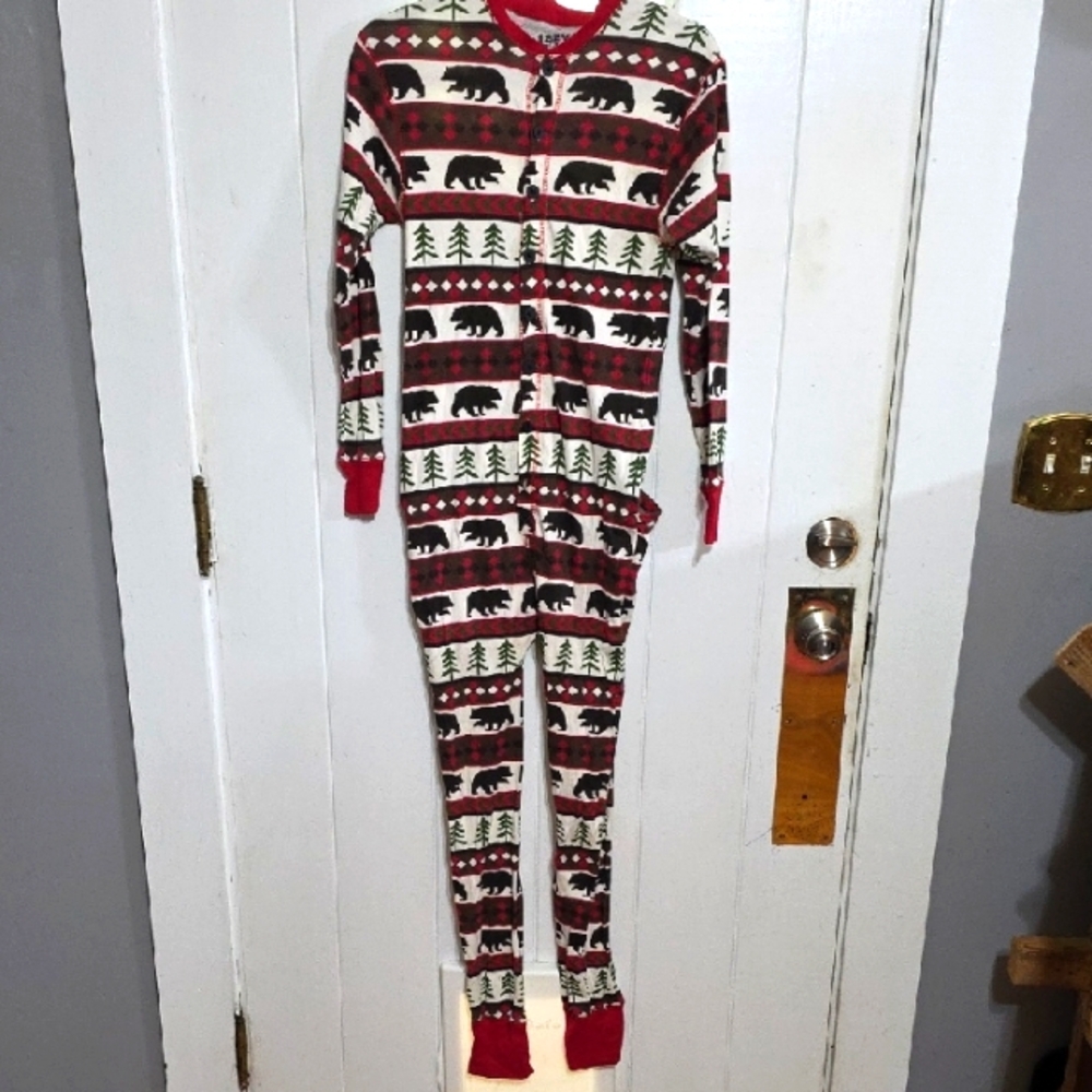 Lazy One Mens? One Piece Pajama Union Suit Button Up Back Flap Bears Trees S EUC